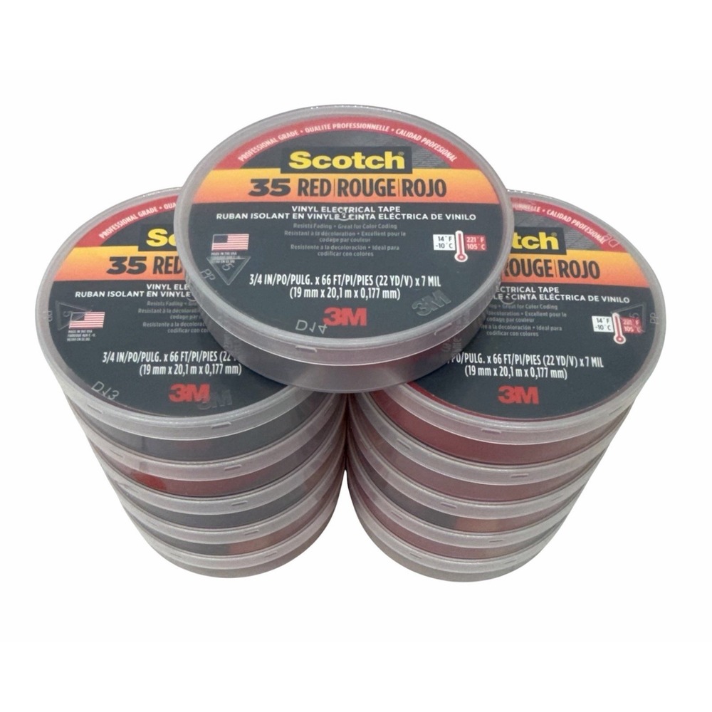 (11) ROLLS 3M 35 SCOTCH VINYL RED ELECTRICAL COLOR CODING TAPE 3/4" in x 66' ft.